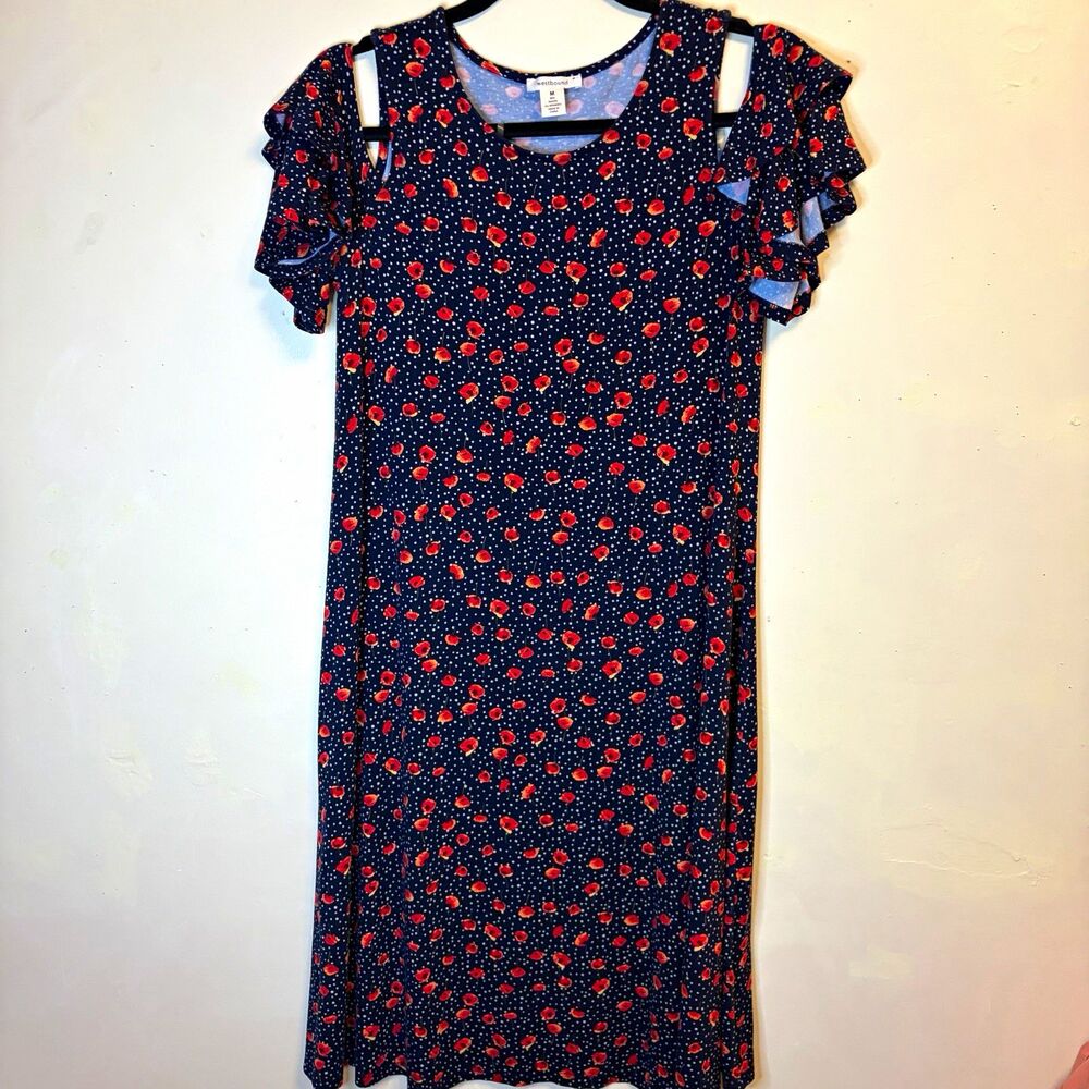Westbound Navy Floral Shift Dress Round Neck Cold Shoulder Ruffle Sleeve M